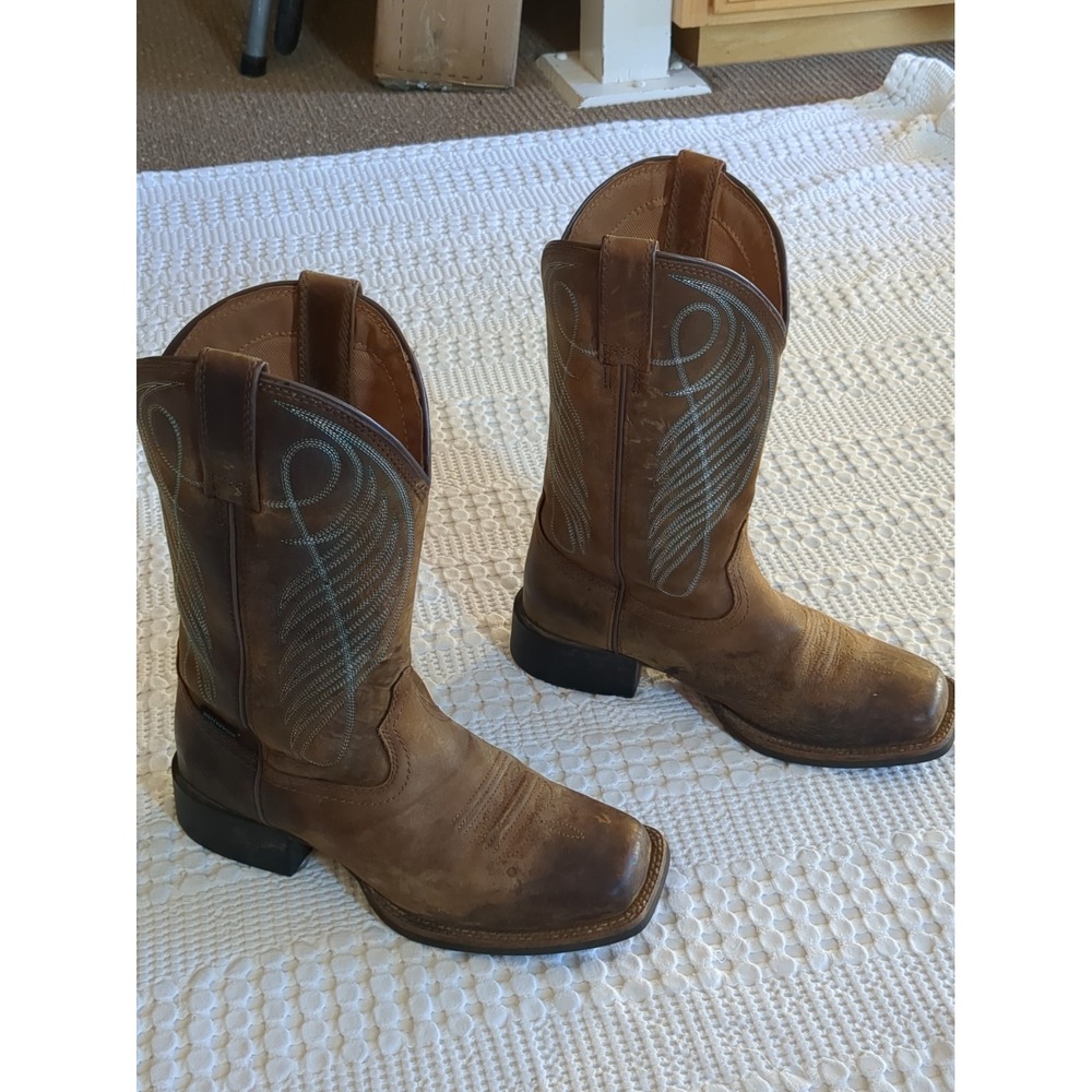 Ariat Round Up Square Toe Leather Cowboy Boots Sz 7.5 B Brown Distressed